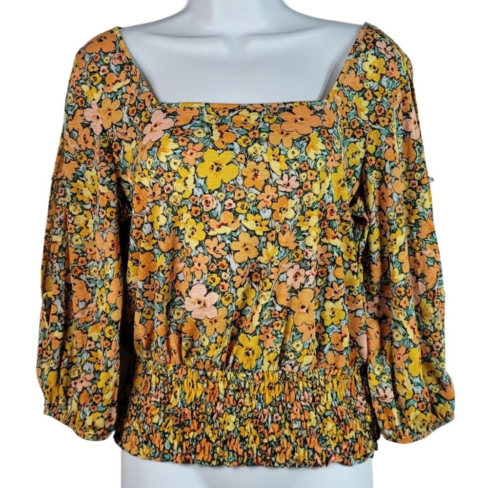 Parallel Skies Floral Top Orange Yellow Large Smocked Waist Crop Open Sleeve